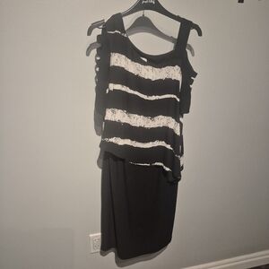 Joseph Ribkoff Brushstroke Stripe Cold Shoulder Dress Cage Sleeve Sz 10